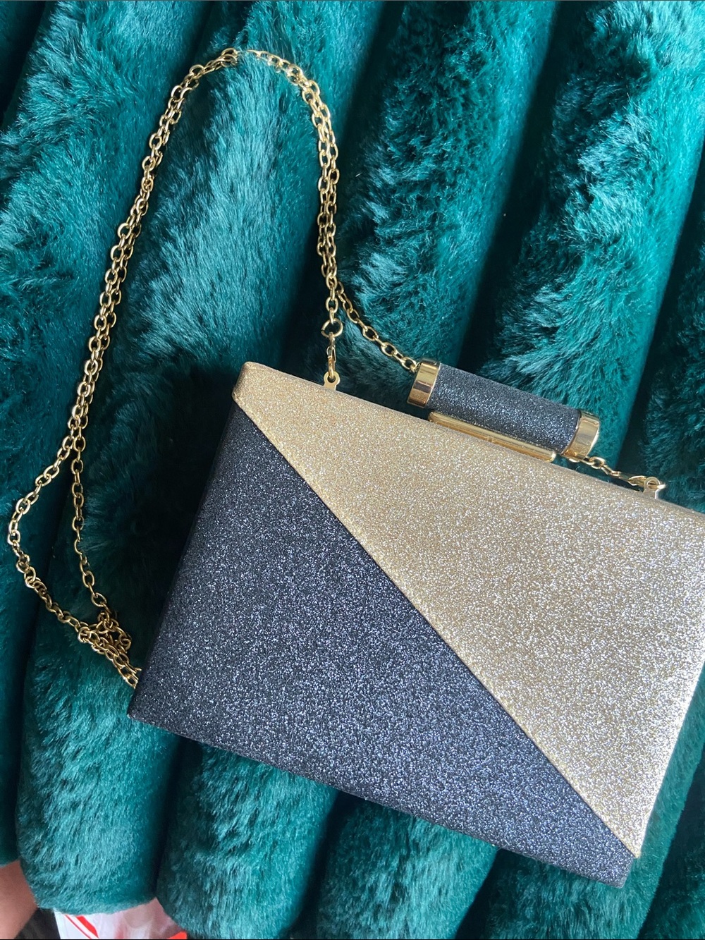 Lulu Townsend Gold and Gunmetal Glitter Colorblock Chain Clutch